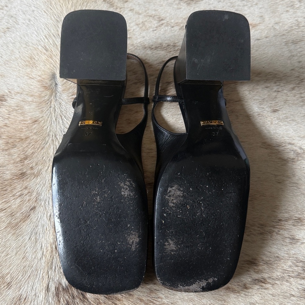 Gucci 37 7 Black Leather Gold Horsebit Mark Jane Pumps Heels Slingback with Box - Picture 9 of 16